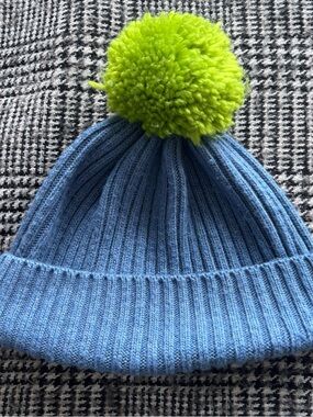 Kids Blue Knit Pom Beanie Hat with Lime Pom